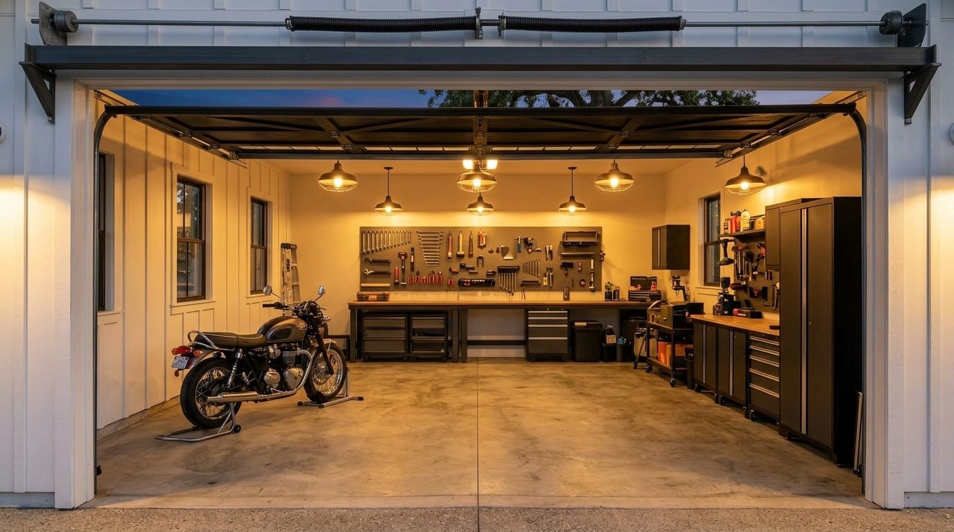 Shannon Garage Door Repair Interior View of Custom Garage Door Overhead and Workshop